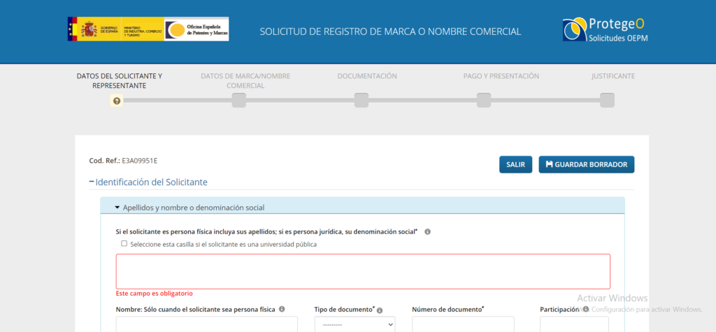 Captura de pantalla de la web de solicitud de marcas y patentes de España